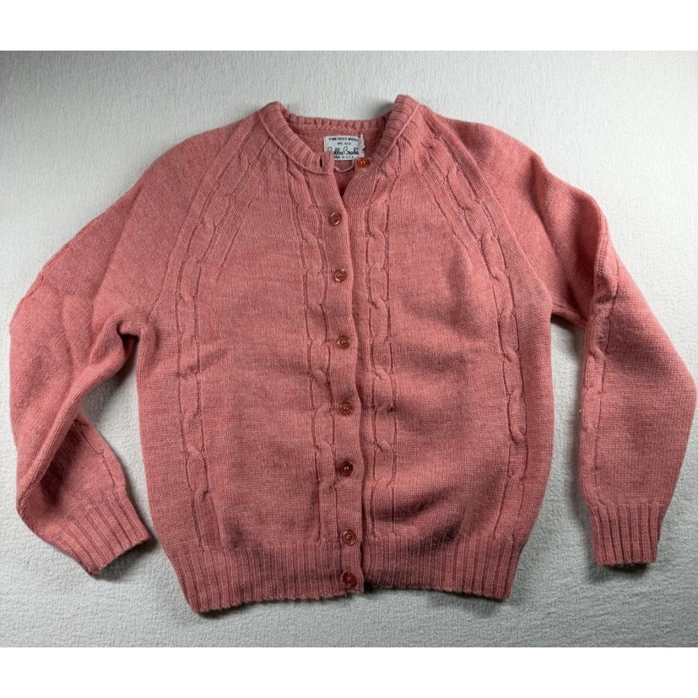 Vintage Bobbie Brooks Women's 100% Wool Cardigan Pink Cable Knit USA Union Made